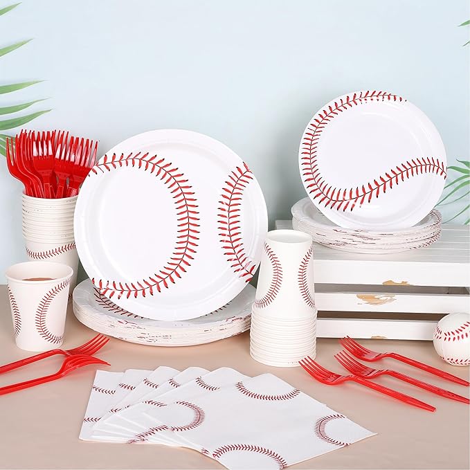 Kochorie 144 Pieces Baseball Paper Plates and Napkins Tableware Set Baseball Birthday Party Supplies Includes Disposable Paper Plates Napkins Forks Serve 24 for Sports Baseballs Party Decorations