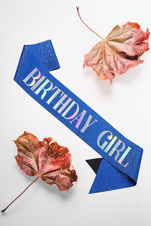 MGJSRNH 'Birthday Girl' Sash with Silver Iridescence Foil - Glitter Satin Blue Sashs for Women's Happy Birthday Celebrations