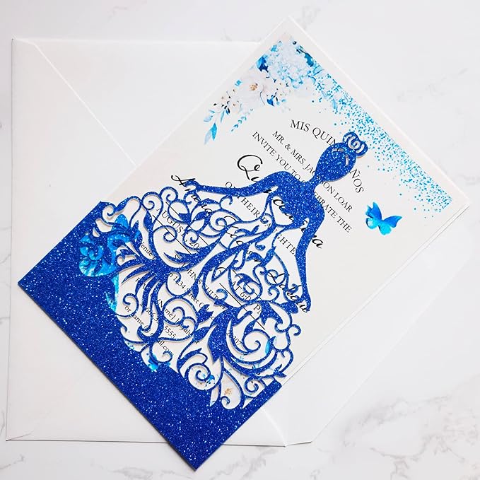 5 x7.3 Inch 20PCS Royal Blue Quinceanera Invitations Cards, Sweet 16 Laser Cut Girl Princess Invitation Card Kit with Envelopes for Wedding, Party, Quinceañera, XV Años, Mis Quince (Royal