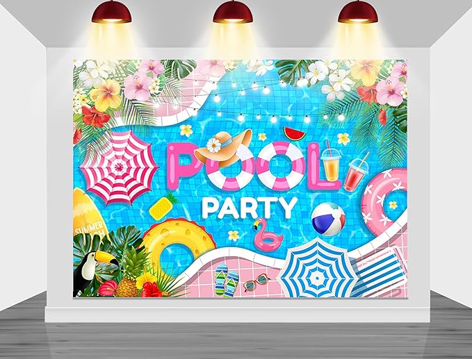 Mocsicka Summer Pool Party Backdrop Swimming Beach Ball for Kids Girls Birthday Party Decorations Pool Flamingo Lifebuoy Summer Photography Background (Blue, 6x4ft(72''x48''))