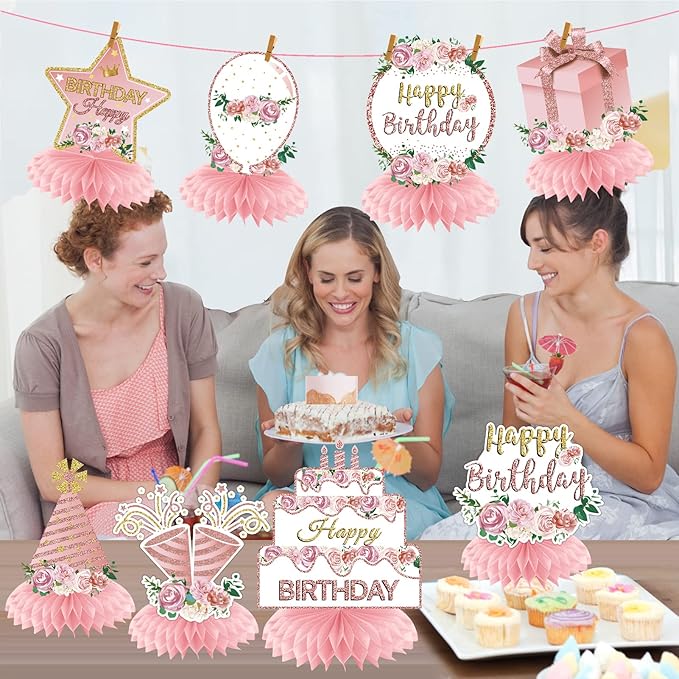 Aodocuto Pink Rose Gold Birthday Decorations Floral Honeycomb Centerpieces for Women Girls, 8pcs Floral Birthday Table Centerpiece Party Supplies, 16th 18th 21th 30th 40th 50th 60th Bday Table Topper