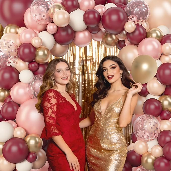 Amandir 153pcs Burgundy Balloons Arch Garland Kit Different Sizes 18 12 10 5 Inch Pearl Champagne Rose Gold Confetti White Maroon Balloon Mothers Wedding Birthday Bridal Graduation Party Decorations