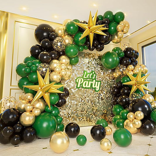 161pcs Green and Gold Black Balloon Arch Kit with Explosion Star Balloons, 5/10/12/18in Emerald Forest Dark Green Black Metallic Gold Balloons for Birthday Graduation Wedding Party Decoration