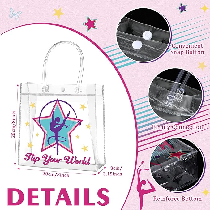 Aliceset 20 Pcs Gymnastics Clear Favor Bags With Handles Gymnastics Birthday Party Decorations Gymnast Gifts Bags for Team Coach Goodie Snack Candy, 8x8x3.15 inches
