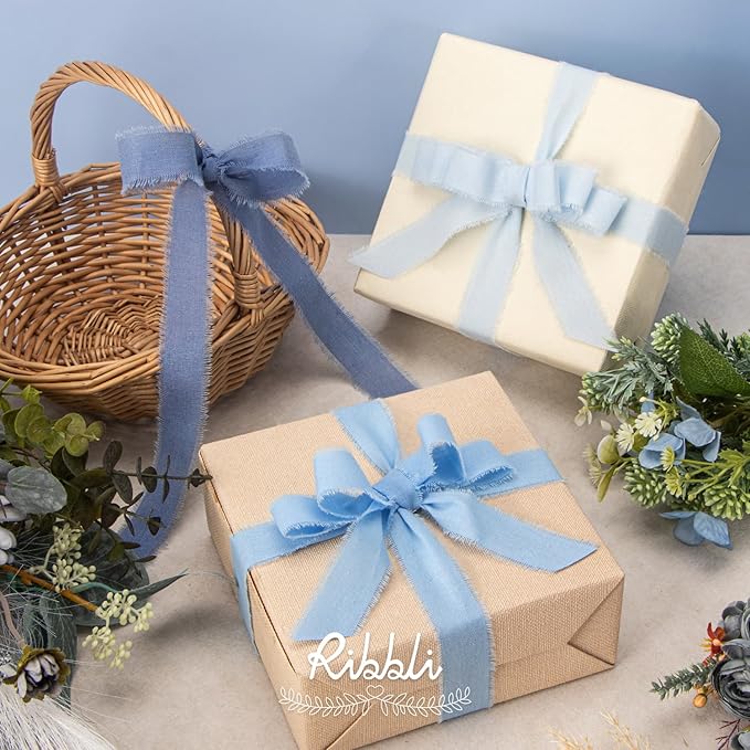 Ribbli 3 Rolls Blue Ribbon 1 Inch x 18 Yards Light Blue Baby Blue Dusty Blue Handmade Cotton Frayed Fringe Ribbons for Gift Wrapping Wedding Invites Bridal Bouquets Baby Shower DIY Crafts Home Decor