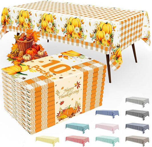 Smiry 10 Pack Gingham Disposable Table Cloth, 54 x 108 Inch Waterproof Plastic Tablecloth, Rectangle Orange Checkered Pumpkin Table Covers for Thanksgiving, Harvest, Birthday, Party