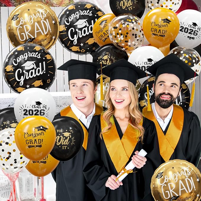 GuassLee Graduation Black and Gold Balloons 2026 - Grad Latex Confetti Balloons with Congrats Grad Foil Balloons for Graduation Party Decorations Supplies, 60Pcs