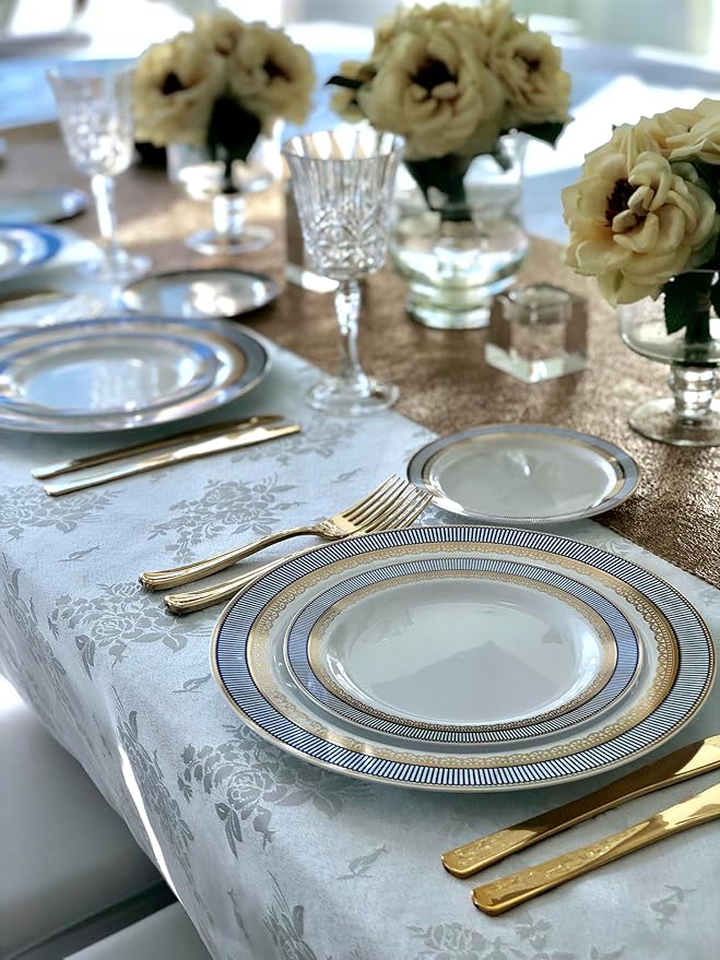 " OCCASIONS " 120 Plates Pack,(60 Guests) Heavyweight Premium Wedding Party Disposable Plastic Plates Set -60 x 10.5'' Dinner + 60 x 7.5'' Salad/Dessert(Louvre Blue/Gold)