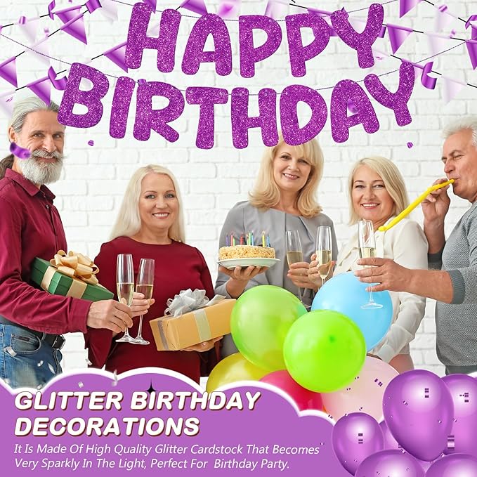 Fulmoon Glitter Pre Strung Happy Birthday Banner No DIY Party Decorations Happy Birthday Sign Decor for Men Women Boy Girls Backdrop(Dark Purple)