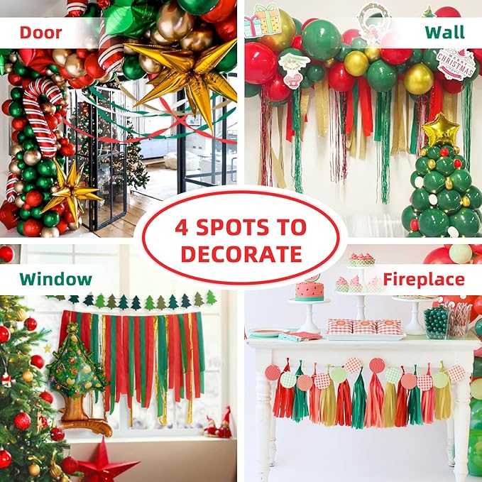 PIGETALE Crepe Paper Streamers 8 Rolls 656ft, Pack of Green, Red, Gold, White Party Streamers for Christmas Decorations, Streamers Party Decorations, Holiday Decorations Indoor (1.8 Inch x 82 Ft/Roll)