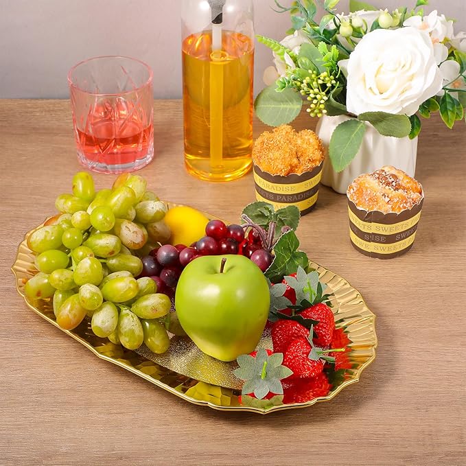 6 Pcs Gold Plastic Serving Trays Reusable Party Platters for Desserts, Snacks, Charcuterie, Cupcakes, Elegant Decorative Food Display, 14" x 8.5"