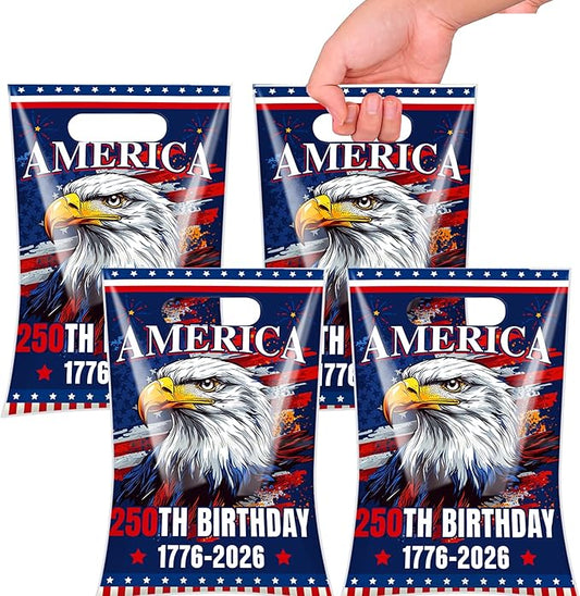 Hokinaa 250th Anniversary Goodie Bag - 50 Pcs 250 Birthday Plastic Merchandise Gift Treat Party Favors Candy Bags Bulk with Handles Patriotic America Decorations Decor Supplies for 4th of July USA