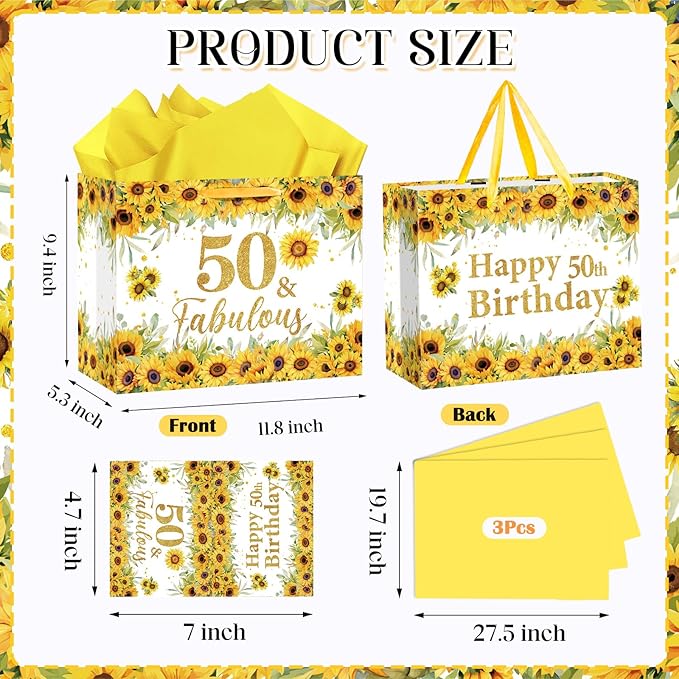 50th Birthday Gift Bag for Women Sunflower 50 and Fabulous 50th Birthday Bag with Wrapping Paper and Card Sunflower 1976 Birthday Gift Wrap Paper Bags for Mom 50 Years Old Bday Anniversary Supplies