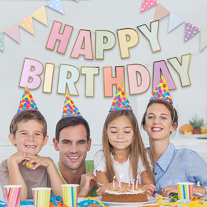 Picoway Happy Birthday Banner | Multicolour2 Macaron Birthday Signs Banners | Pastel Birthday Party Decor | Women & Girls | 8" x 6" Triangular Banner