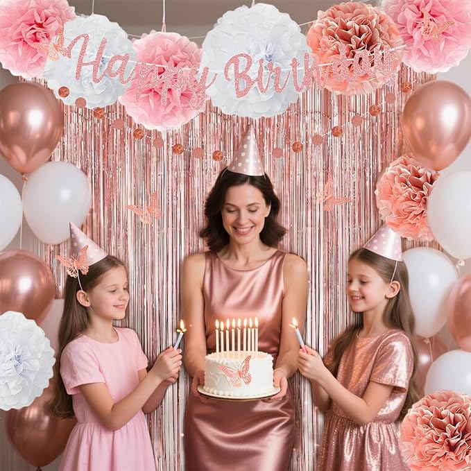 Pink Rose Gold Birthday Party Decorations Set, Rose Gold Glittery Happy Birthday banner, Curtains, Butterfly Wall，Tissue Paper Pom, Circle Dots Garland for Women's Party Decorations