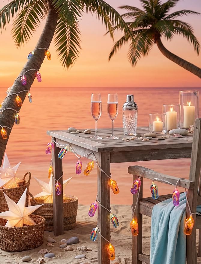 Slipper String Lights, 8.5FT 10 LED Beach Themed Lights with UL Certified Plug, Waterproof Tropical Party Decorations for Patio, Warm White Hawaiian String Lights for Garden Backyard Bedroom Decor