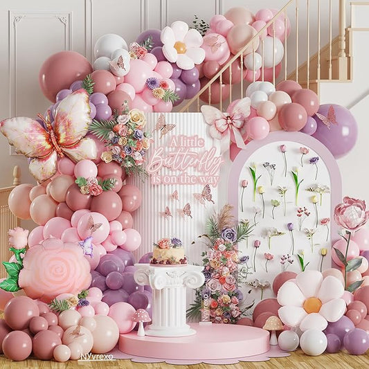 Spring Butterfly Birthday Party Decorations, 154Pcs Daisy Flower Pink Purple Balloons Arch Garland Kit with Butterfly Foil Balloons for Baby Shower Garden Tea Party Wedding Supplies