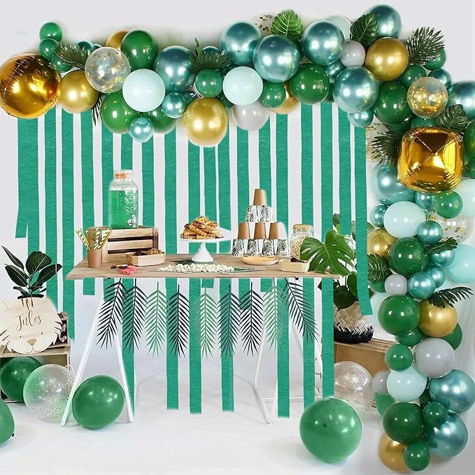 8 Rolls Green Crepe Paper Streamers Party Streamers Photo Booth Backdrop Party Supplies for Birthday Tropical Summer Jungle Dinosaur St Patrick Football Party Decorations（Total 656ft, 1.8Inch x 82Ft