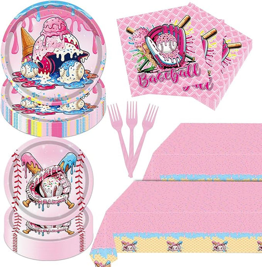 Ice-Cream Baseball Party Decorations - 98 Pcs Ice Cream Drip Baseball Tableware Set Includes Tablecloths Plates Napkins Forks, Party Decor for Boys Girls Sport Team Birthday