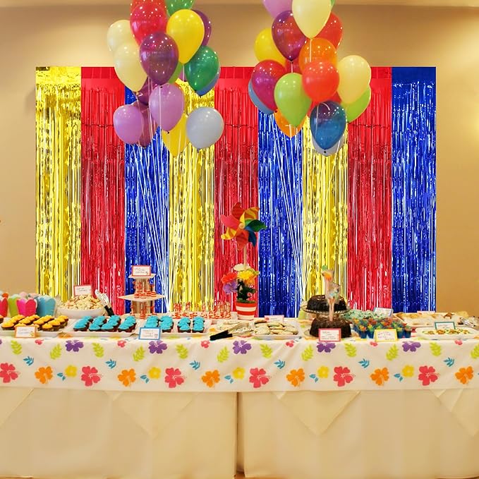 BEISHIDA 3 Pcs Red Blue Gold Door Streamers Curtain Birthday Party Streamers Backdrop Happy Birthday Party Wall Background for Party Decoration Photo Booth Props(3.28 ft x 6.56 ft)