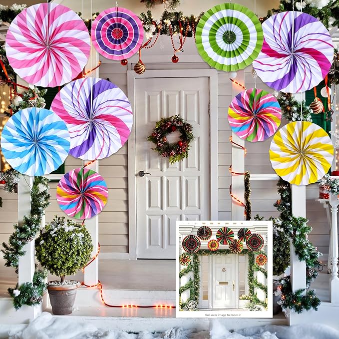 Outus Hanging Paper Fans Decorations Candy Party Classroom Decoration Colorful Peppermint Candy Paper Fan Ceiling Wall Garland for Candyland Themed Birthday Party Supplies(27 Pcs,Classic)