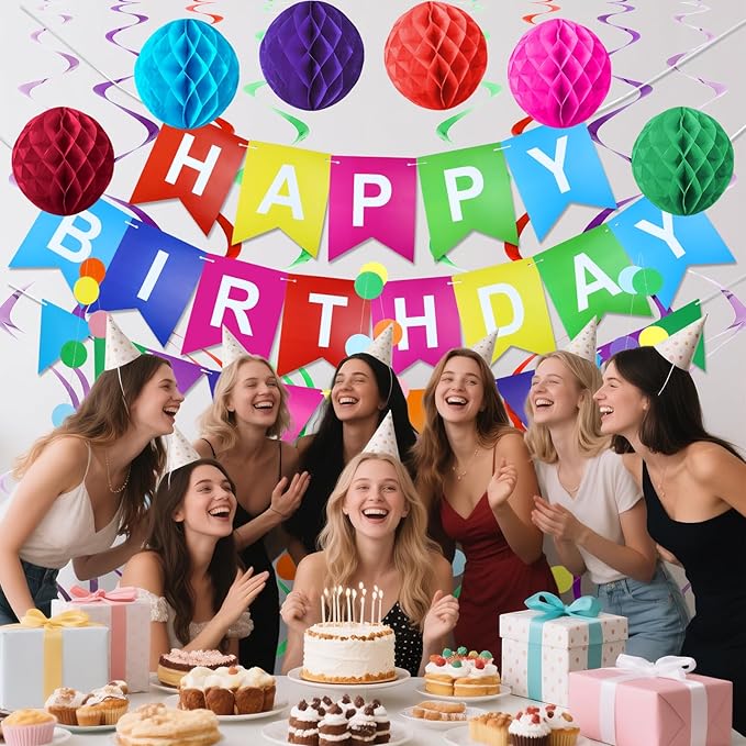 Happy Birthday Banner with Colorful Paper Flag Bunting Paper Circle Confetti Garland Swirl Streamers Honeycomb Ball for kids Party decorations