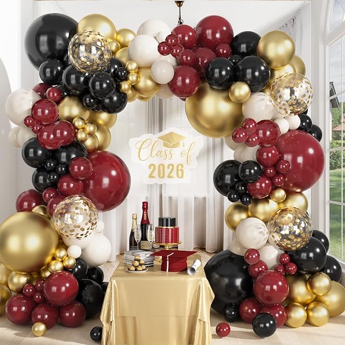 Ouddy Party 149Pcs Burgundy and Gold Balloon Garland Kit Different Sizes 18 12 10 5Inch, 6Pcs 18” Metallic Black Gold Confetti for Graduation Balloons Class of 2026 Decorations Birthday Party Decor