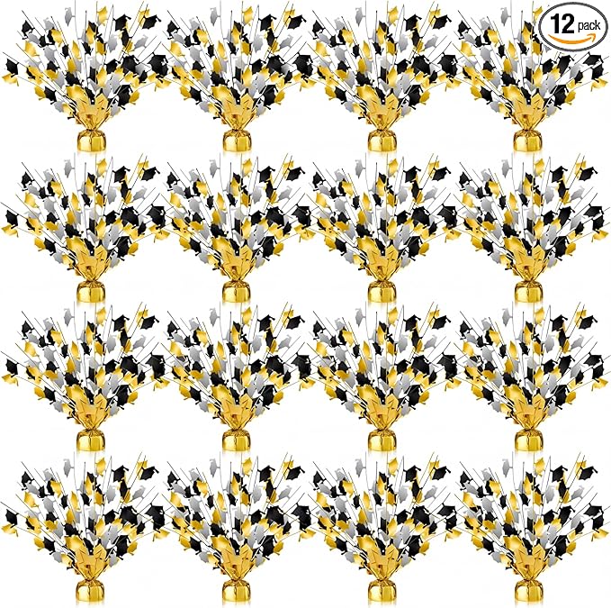 Juexica 12 Pcs 2026 Metallic Burst Table Centerpiece Mini Grad Caps Foil Spray Black Gold Silver Graduation Party Glitter Tableware Decorations for High School College Congrats Dinner Decor 14"