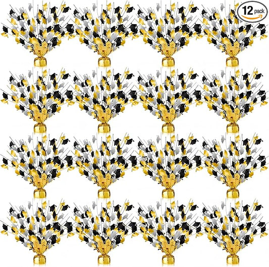 Juexica 12 Pcs 2026 Metallic Burst Table Centerpiece Mini Grad Caps Foil Spray Black Gold Silver Graduation Party Glitter Tableware Decorations for High School College Congrats Dinner Decor 14"