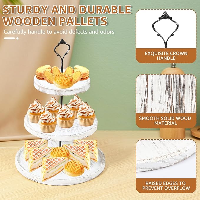 Wooden Cupcake Stand 3 Tiers, Rustic, 50 Cupcakes, Round Tiered Dessert Display, Wedding/Birthday Party, White