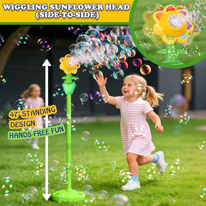 AIERSA 2 Pack Flower Bubble Stand Machine,Sunflower Bubble Maker with Lights, Height Adjustable Rechargeable Automatic Bubble Blower for Outdoor Backyard Party