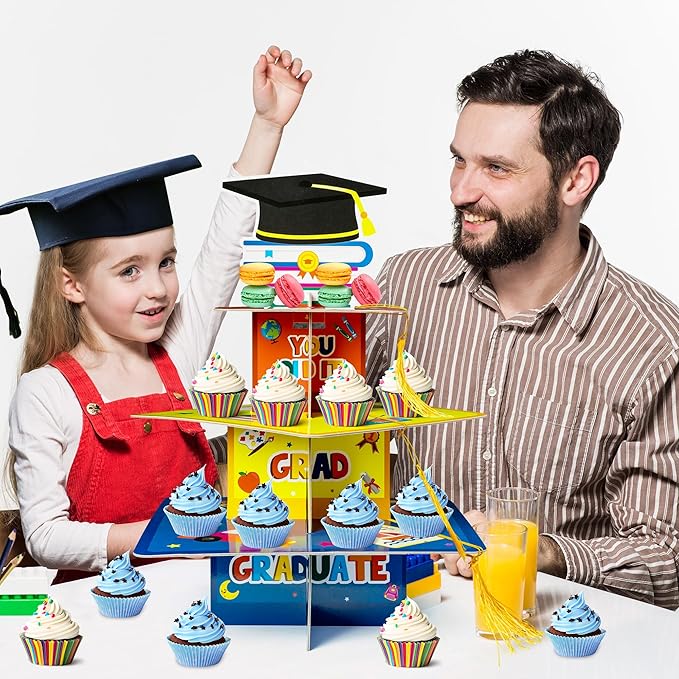 Haooryx Kindergarten Graduation Cupcake Stand - 3-Tier Preschool Graduation Cupcake Tower Decorations Cardboard Round Candy Dount Dessert Holder for Kindergarten Graduation Party Table Decor Supplies