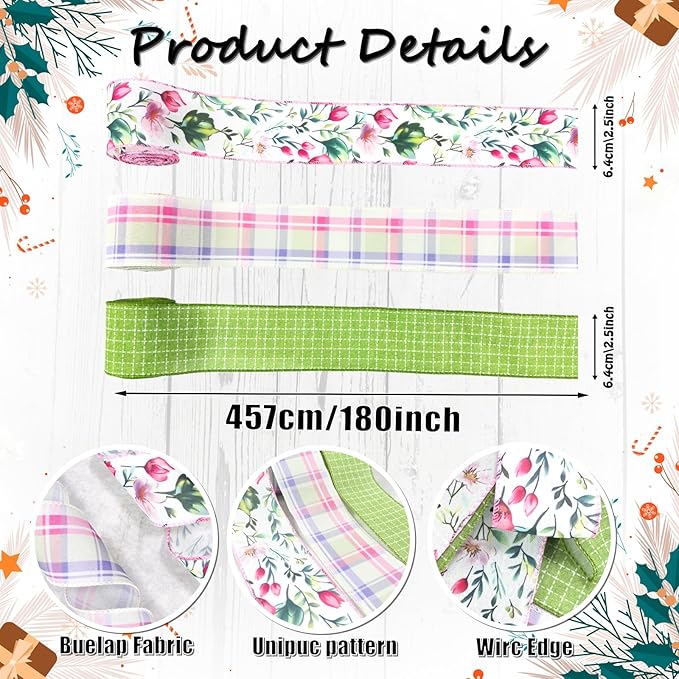 Spring Summer Floral Wired Ribbon, Green Grid Pink Plaid Floral Pattern Craft Ribbon for Wreath Bow Making, DIY Crafts, Gift Wrapping, Party Decorations, 3 Rolls, 2.5Inch, 15 Yards (Green)