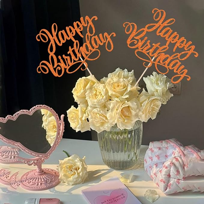 12 PCS Happy Birthday Centerpiece Sticks Double Sided Glitter Birthday Party Table Flower Centerpieces Anniversary Floral Decorations for Celebrating Birthday Party Centerpieces Supplies Orange