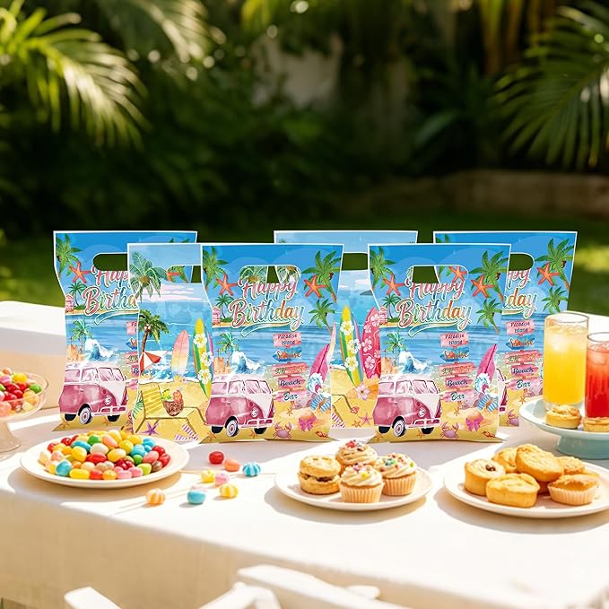 MOIZYNG 50Pcs Beach Birthday Gift Bags with Handles, Vintage Summer Surfing Surfboard Plastic Candy Treat Goodie Bags for Girls Hawaiian Surf Birthday Party Favors Supplies