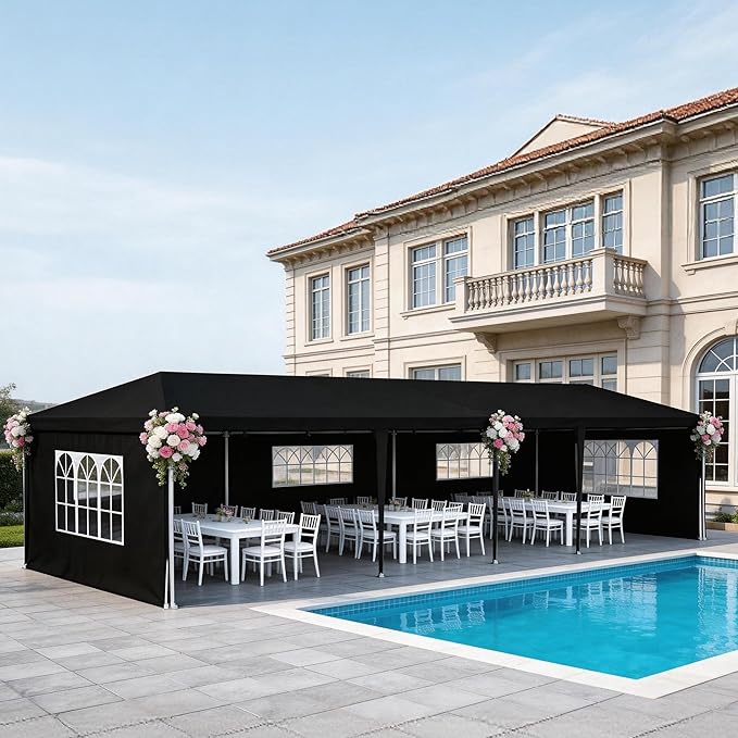 10' x 30' Outdoor Canopy Tents with 5 Detachable Sidewalls, Black Patio Gazebo Tents, Shade Shelters for Birthday, Events, Party, Wedding, Gatherings and Patio
