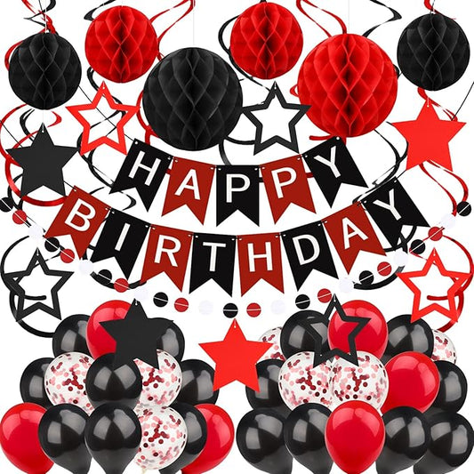 ZERODECO Black Red Birthday Decorations, Happy Birthday Banner with Honeycomb Ball, Hanging Swirl Streamer, Garland, Balloon Happy Birthday Party Decorations for Women Men Boys Girls