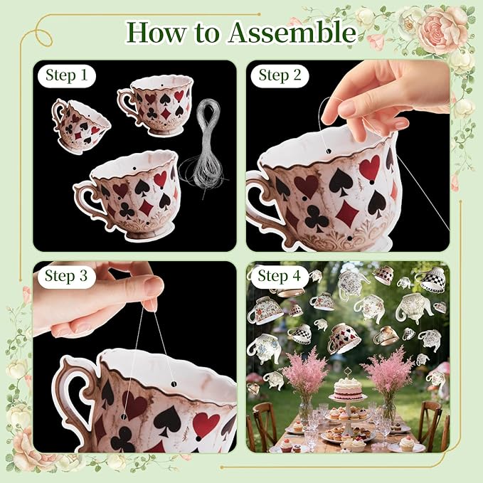 24pcs Tea Party Hanging Decorations, Teapot and Teacup Paper Garland Banner, 3 Sizes Wonderland Style Decor for Onederland Birthday and Baby Shower
