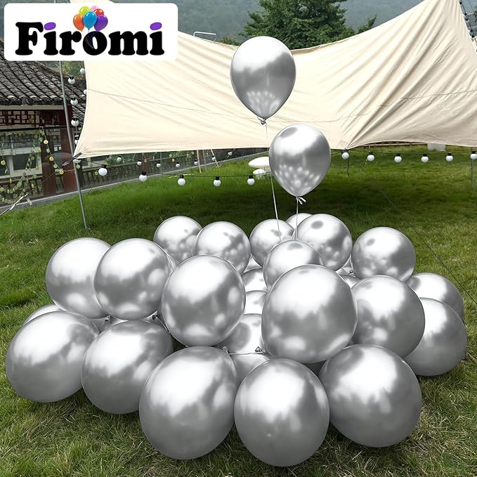 Firomi Metallic Silver Balloons 12-inch 100 Pack Helium Shiny Chrome Silver Thicken Latex Balloon for Wedding Birthday Party Party Balloons (with 3 Ribbons)