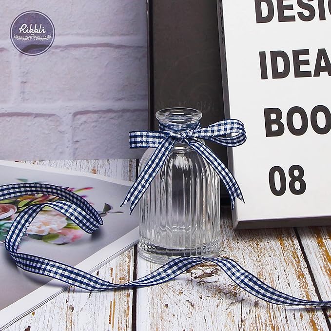 Ribbli Navy and White Gingham Ribbon,100% Polyester Woven Edge,3/8 Inch x 10 Yard,Plaid Ribbon Use for Gift Wrapping,Party Decoration