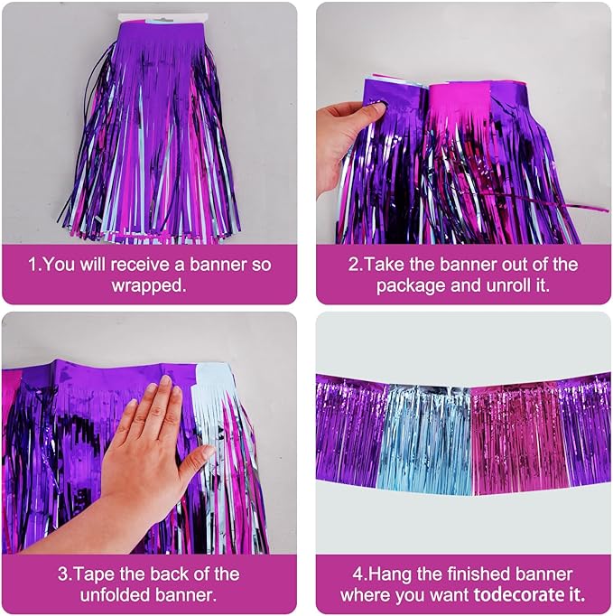 BEISHIDA 3 Packs Metallic Foil Fringe Garland Blue Purple Pink Wall Hanging Tinsel Fringe Banners for Car Floats Bridal Shower Wedding Birthday Easter Graduation Holiday Party Decoration(30 Feet)
