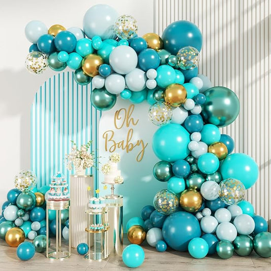 MEBAY Teal Balloons Garland Arch Kit, 147PCS Teal Blue Turquoise Green Metallic Gold Balloons with Confetti for Wedding Baby Shower Birthday Party Decorations