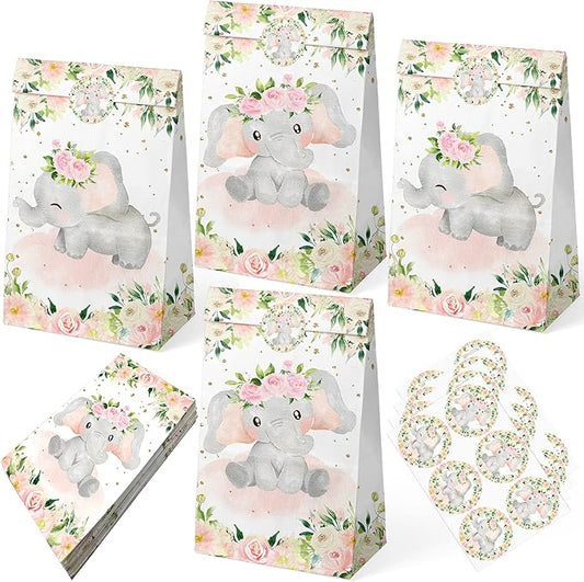 24 PCS Elephant Girl Party Favor Bags with Stickers - Elephant Girl Party Candy Bags – Pink Elephant Goodie Gift Treat Bags Pink Elephant Themed Birthday Party Supplies