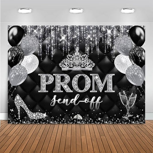 Mocsicka Prom Send Off 2026 Backdrop Crown Graduation Prom Night Party Decorations Banner Silver Balck Dancing Send Off Photography Background Photo Booth Supplies (Silver, 10x8ft(120''x96''))