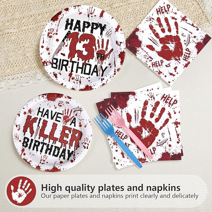 Grencian 96Pcs Killer Happy 13th Birthday Party Supplies Red and Black Bloody Hand Themed Paper Plates and Napkins Horror Tableware for Boy Girl 13th Stranger Birthday Party Decorations Serve 24