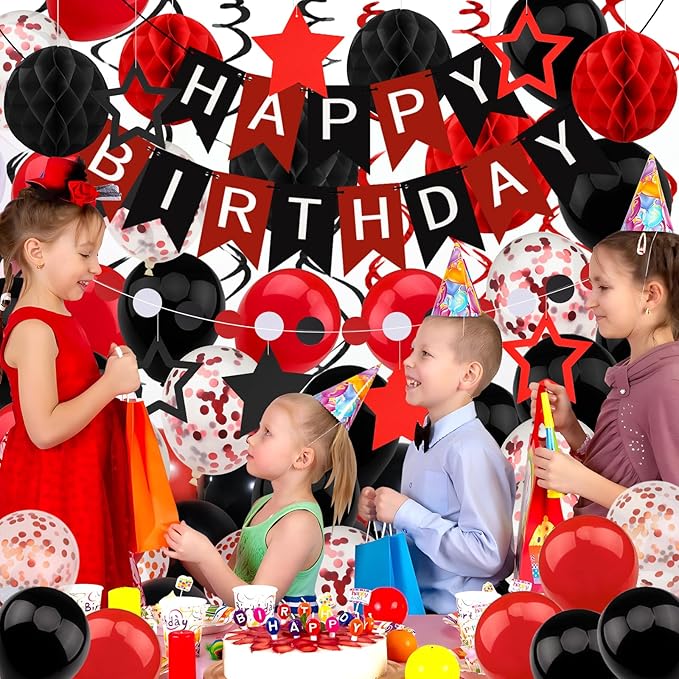 ZERODECO Black Red Birthday Decorations, Happy Birthday Banner with Honeycomb Ball, Hanging Swirl Streamer, Garland, Balloon Happy Birthday Party Decorations for Women Men Boys Girls