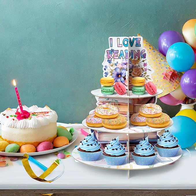 Haooryx Cupcake Dessert Display Stand - 2 Pcs 3 Tier I LOVE READING Watercolor Cupcake Dessert Table Display Tower Cardboard Cake Holder Serving Tray Baby Shower Birthday Tea Party Decoration Supplies