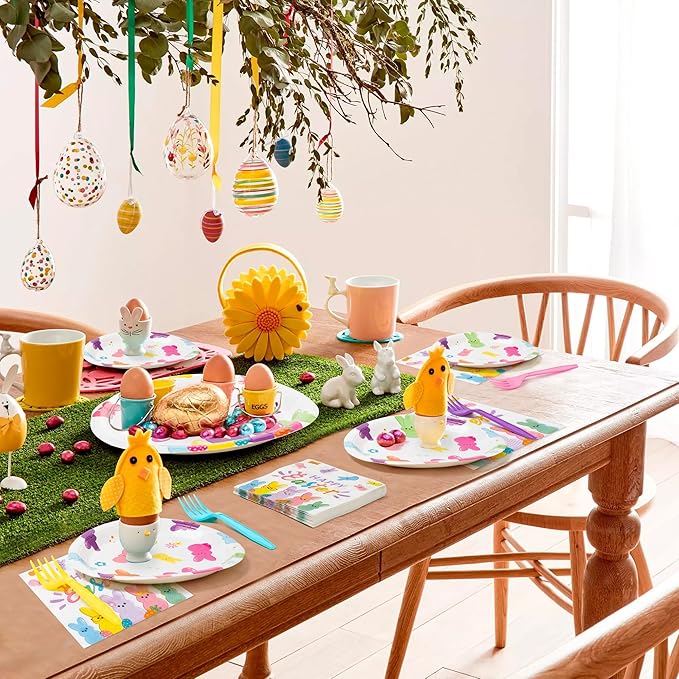 Easter Bunny Happy Easter Rabbits Party Plates Supplies - Serves 24-96Pcs Party Tableware Decorations Disposable Paper Plates Napkins Forks for Spring Birthday Baby Shower