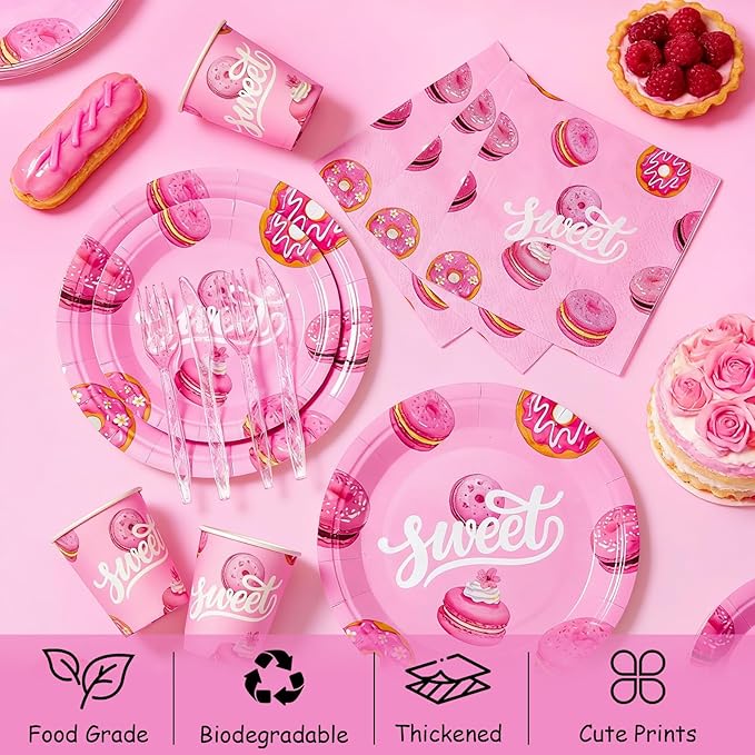 144Pcs Pink Donut Birthday Party Supplies Decorations Sweet Themed Paper Plates Napkins Vintage Party Tableware Disposable Dinnerware for Girl Kid Birthday Baby Shower Table Decor, Serve 24