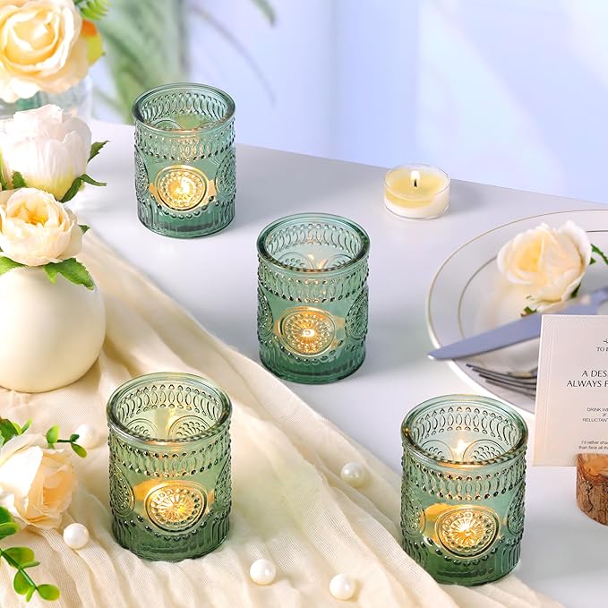 Lanttu 12pcs Green Votive Candle Holders，Glass Tea Lights Candle Holder Bulk for Birthday Parties, Weddings, Table Decorations, Candlelight Dinners